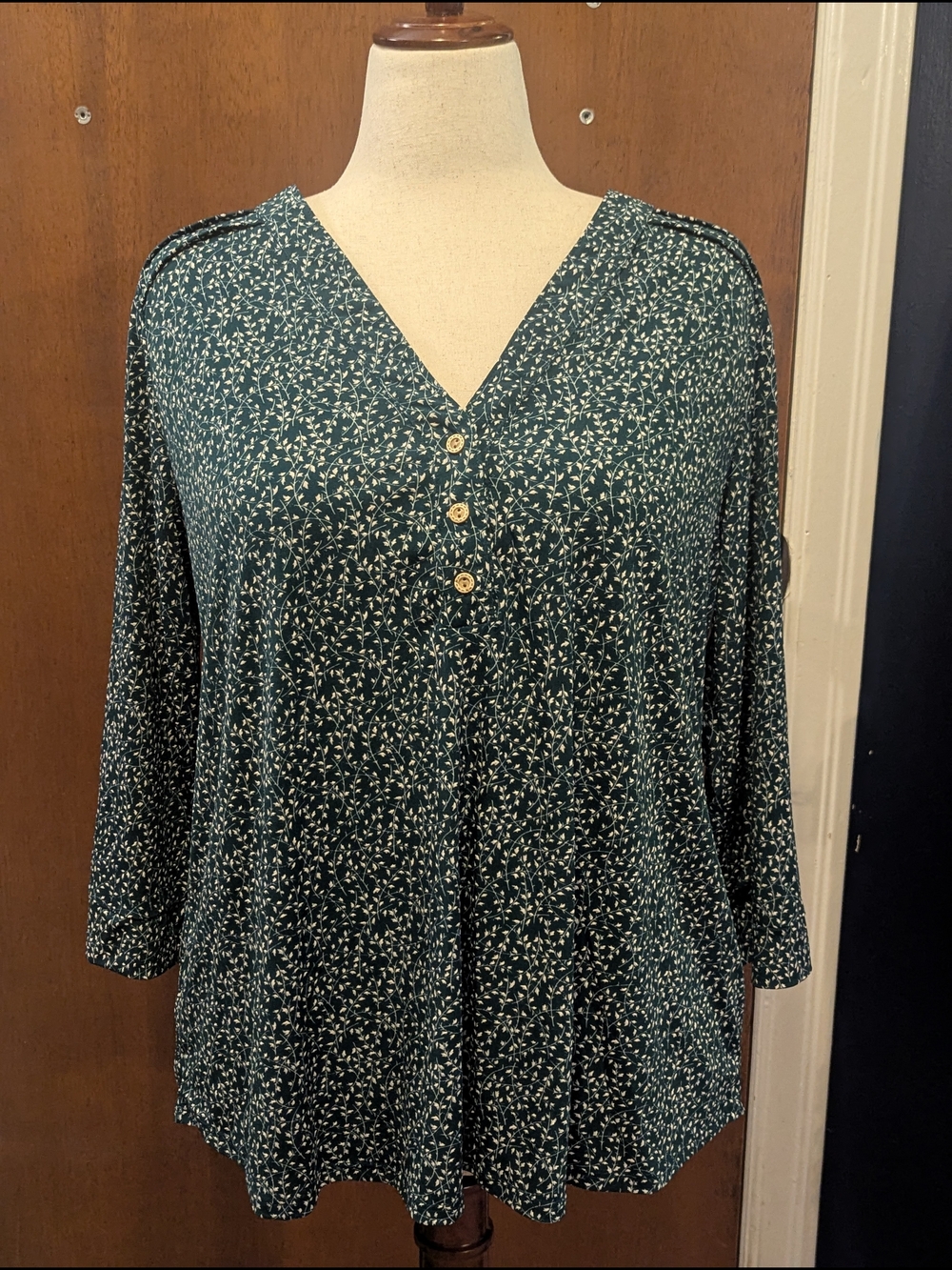 V-Neck Teal Green Floral Button-Front Blouse